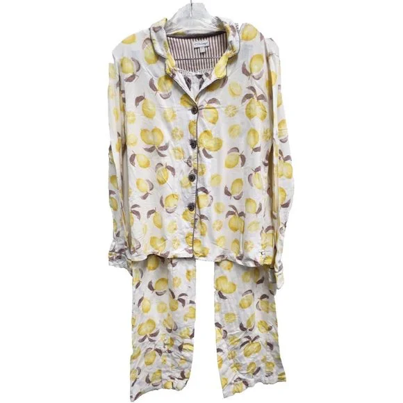 P.J Salvage Womens Lemon Print 2Pc Pajama Set Small Yellow White Pants Shirt
